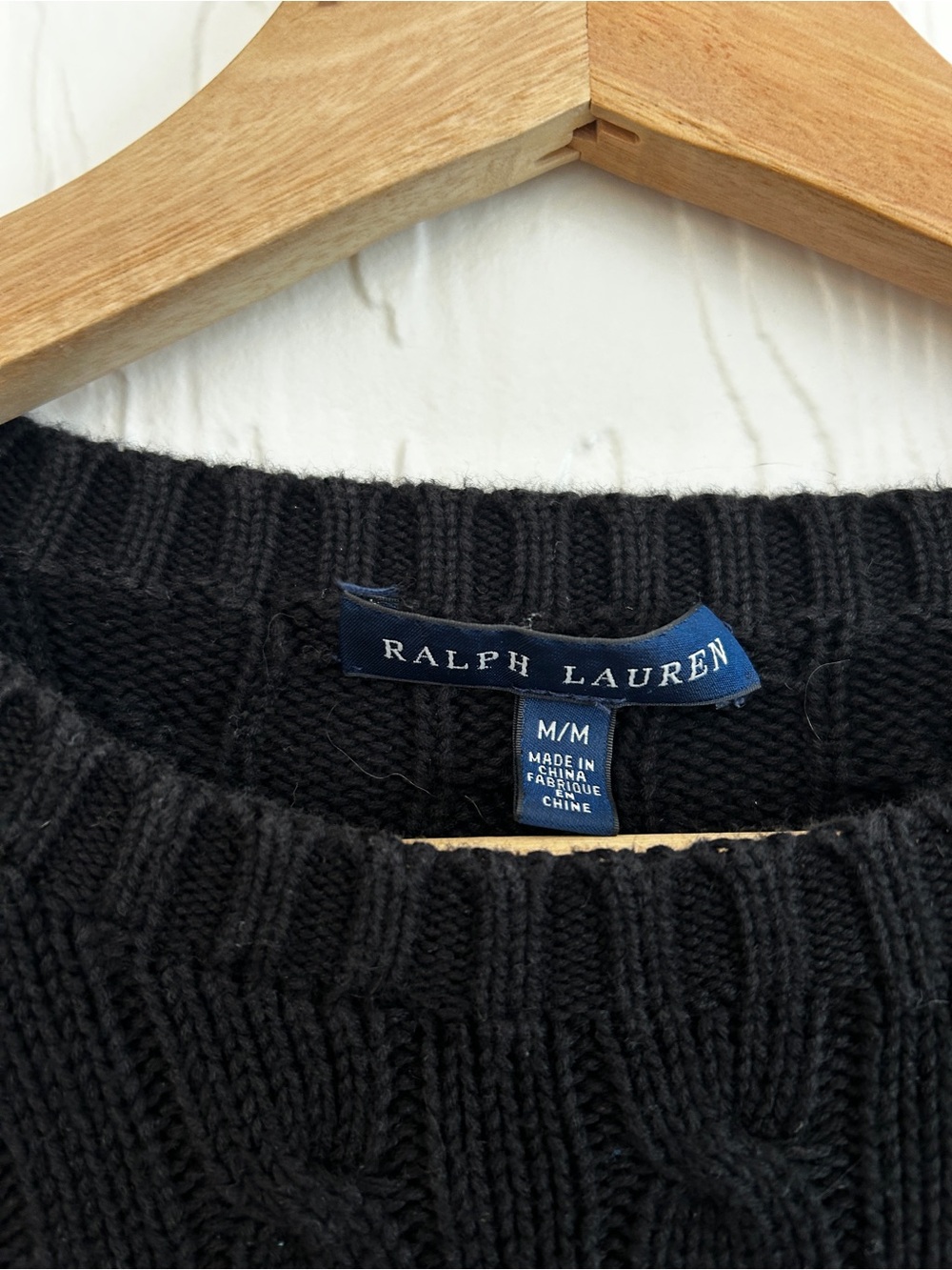 RALPH LAUREN Cotton Cable Knit Crew Neck Sweater Black Medium Preppy Old Money - Picture 2 of 4